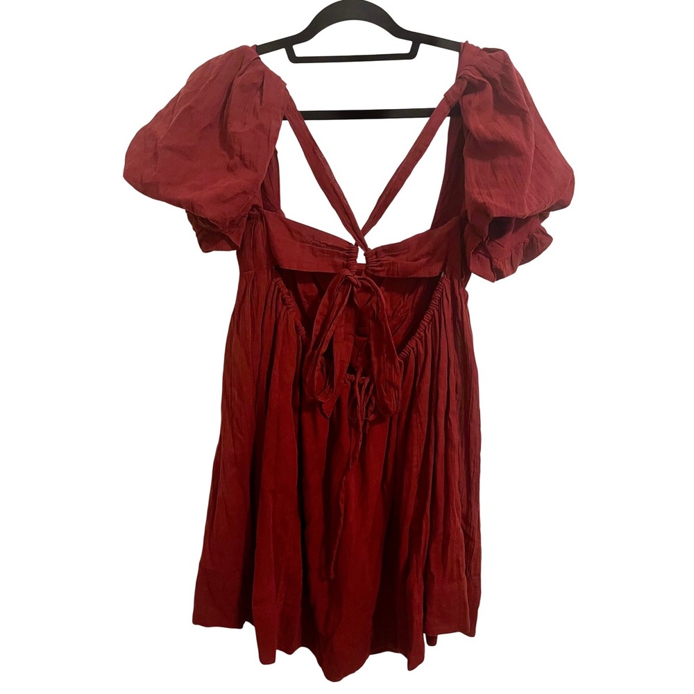 Free People Wine Red Babydoll Mini Dress Puff Sleeve Open Back L NWT 100% Cotton - Picture 5 of 10